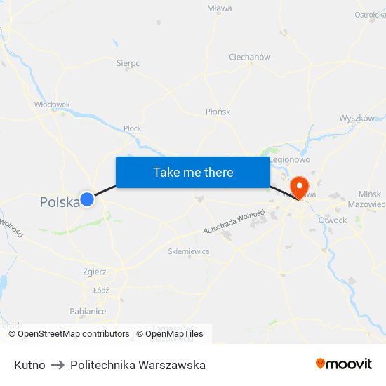 Kutno to Politechnika Warszawska map