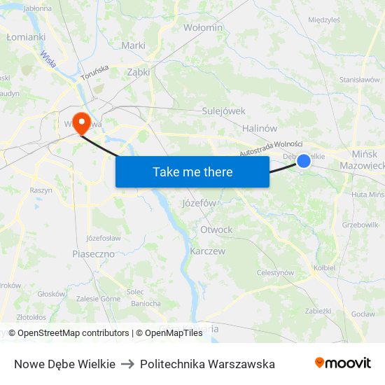 Nowe Dębe Wielkie to Politechnika Warszawska map