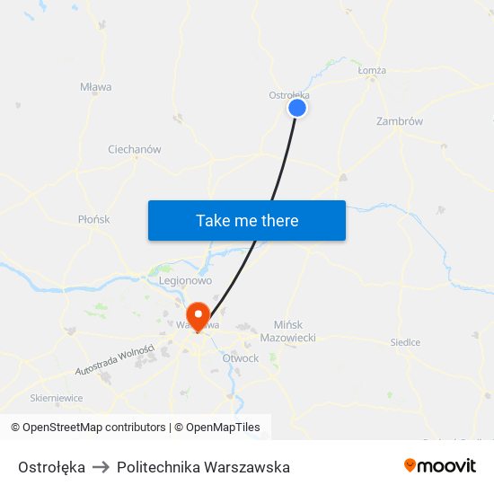 Ostrołęka to Politechnika Warszawska map