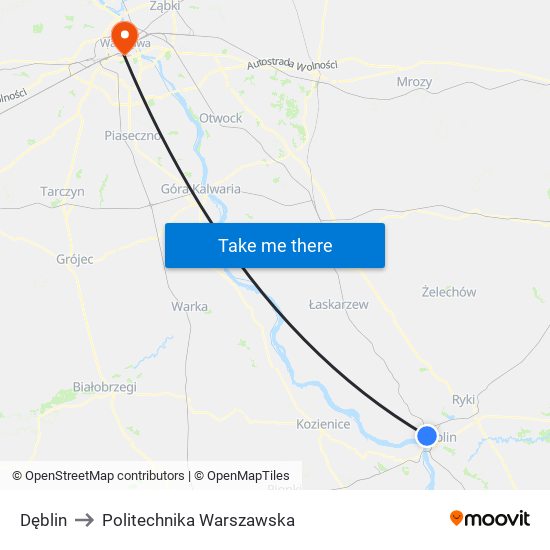 Dęblin to Politechnika Warszawska map