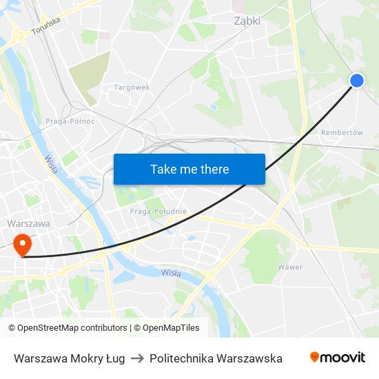 Warszawa Mokry Ług to Politechnika Warszawska map