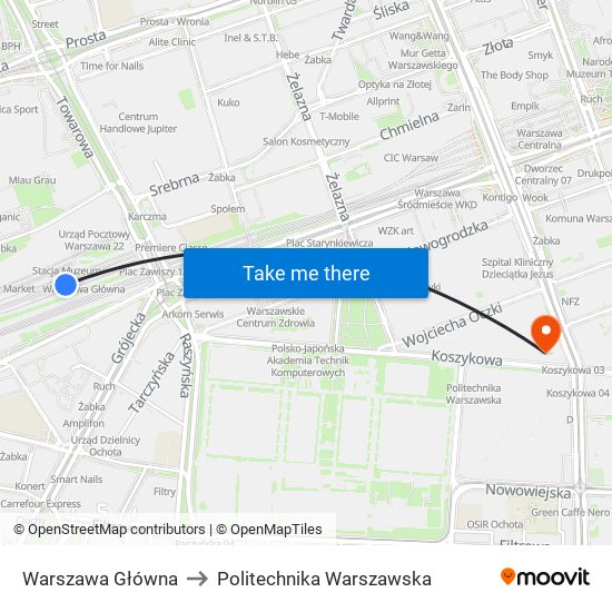 Warszawa Główna to Politechnika Warszawska map
