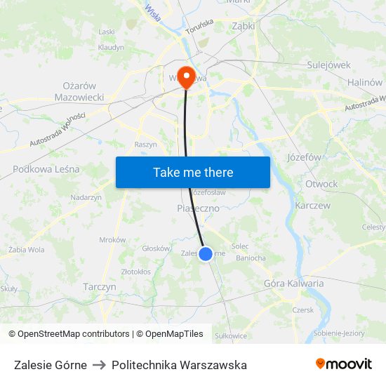 Zalesie Górne to Politechnika Warszawska map