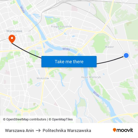 Warszawa Anin to Politechnika Warszawska map