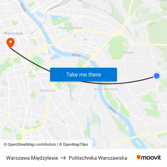 Warszawa Międzylesie to Politechnika Warszawska map