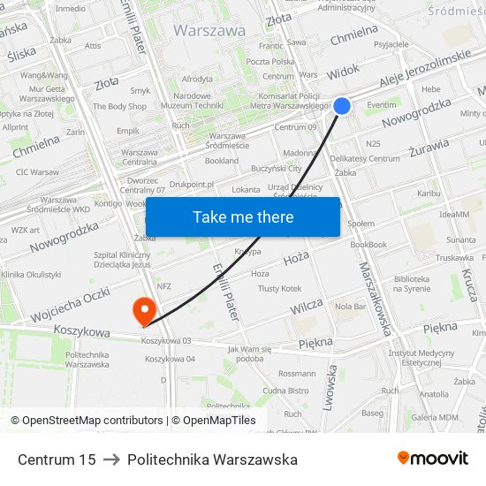 Centrum 15 to Politechnika Warszawska map