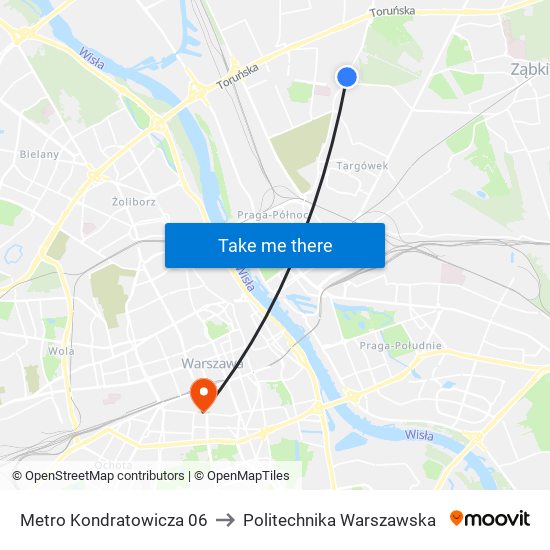 Metro Kondratowicza to Politechnika Warszawska map