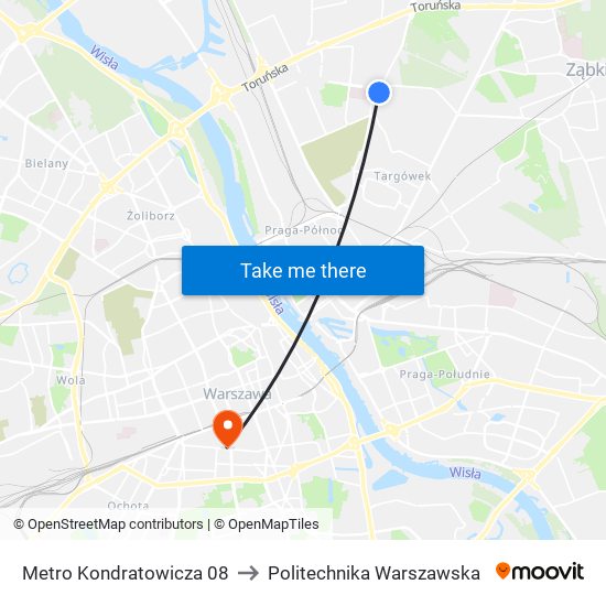 Metro Kondratowicza 08 to Politechnika Warszawska map