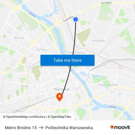 Metro Bródno 15 to Politechnika Warszawska map