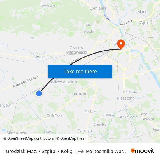 Grodzisk Maz. / Szpital / Kołłątaja 01 (Nż) to Politechnika Warszawska map