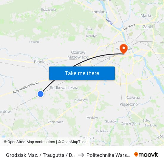 Grodzisk Maz. / Traugutta / Dw. PKP to Politechnika Warszawska map