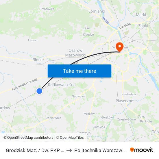 Grodzisk Maz. / Dw. PKP 01 to Politechnika Warszawska map