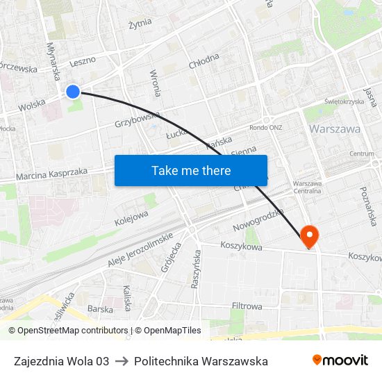 Zajezdnia Wola 03 to Politechnika Warszawska map