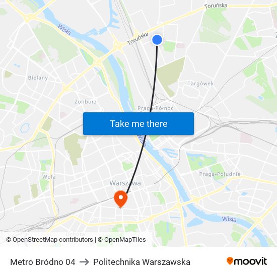 Metro Bródno 04 to Politechnika Warszawska map