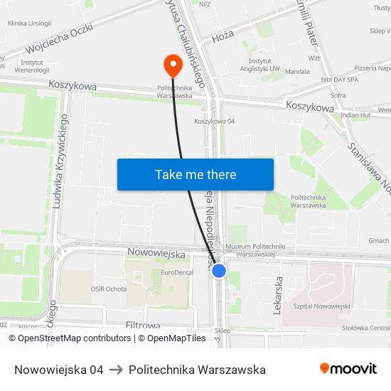 Nowowiejska to Politechnika Warszawska map