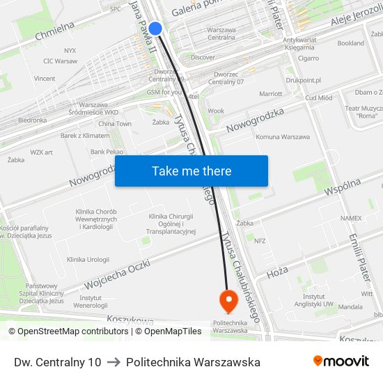 Dw. Centralny 10 to Politechnika Warszawska map