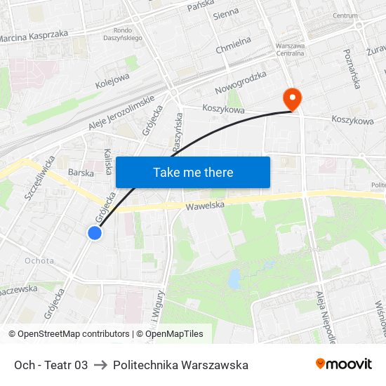 Och - Teatr 03 to Politechnika Warszawska map