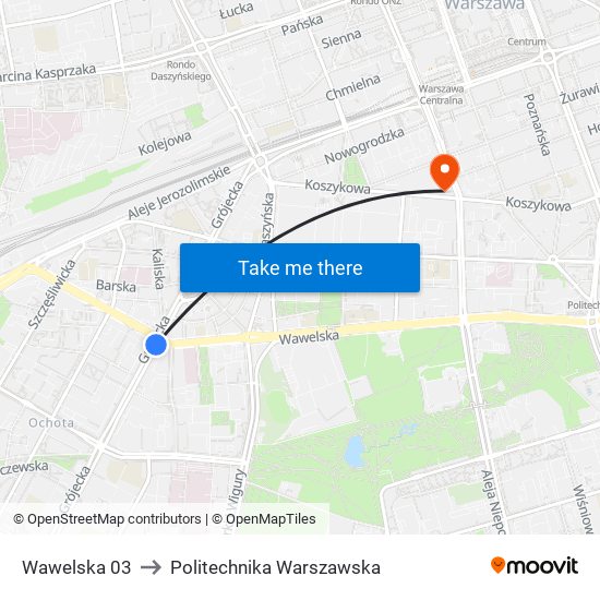 Wawelska 03 to Politechnika Warszawska map