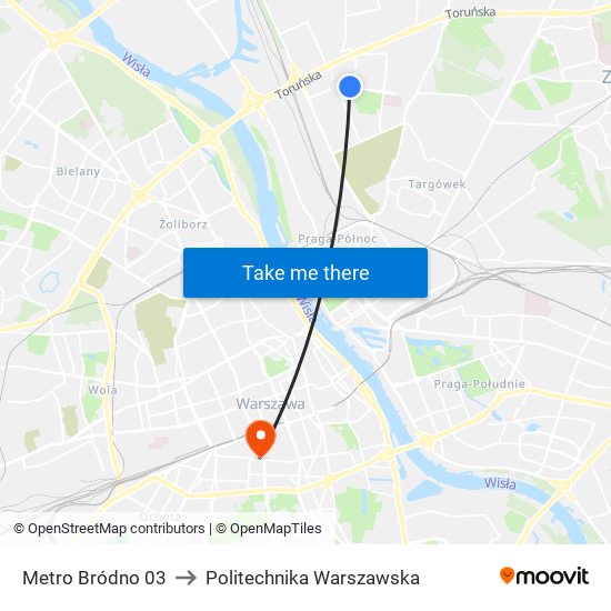 Metro Bródno 03 to Politechnika Warszawska map