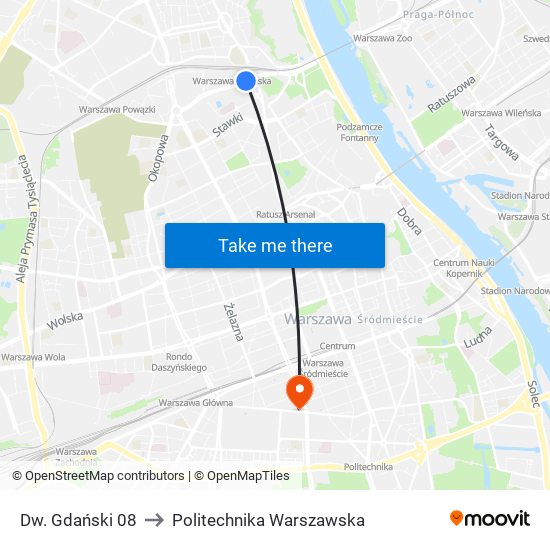 Dw. Gdański to Politechnika Warszawska map