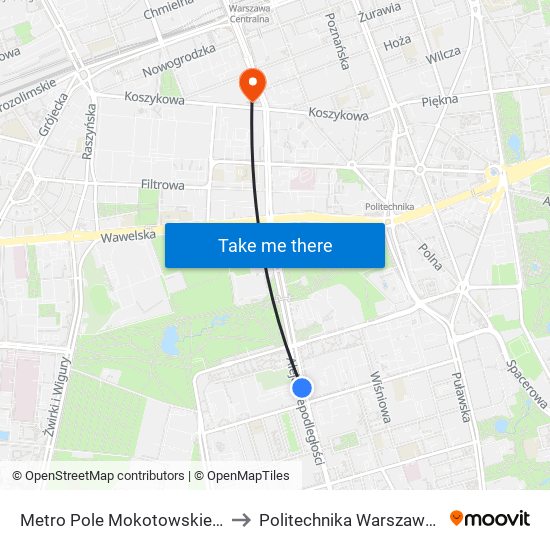 Metro Pole Mokotowskie 03 to Politechnika Warszawska map