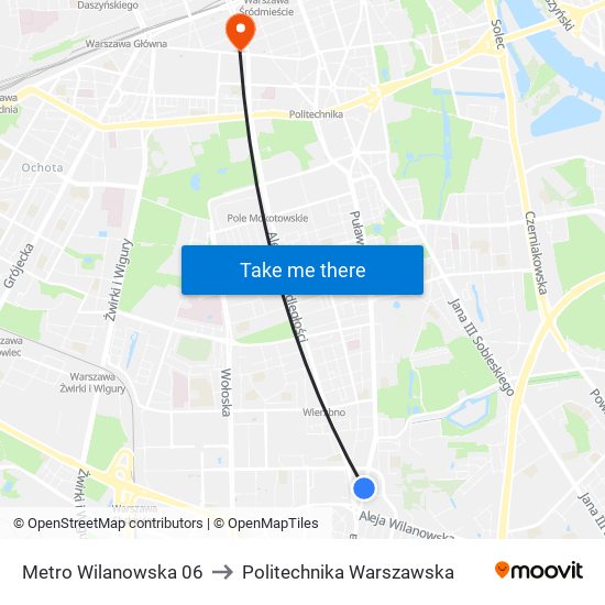 Metro Wilanowska 06 to Politechnika Warszawska map