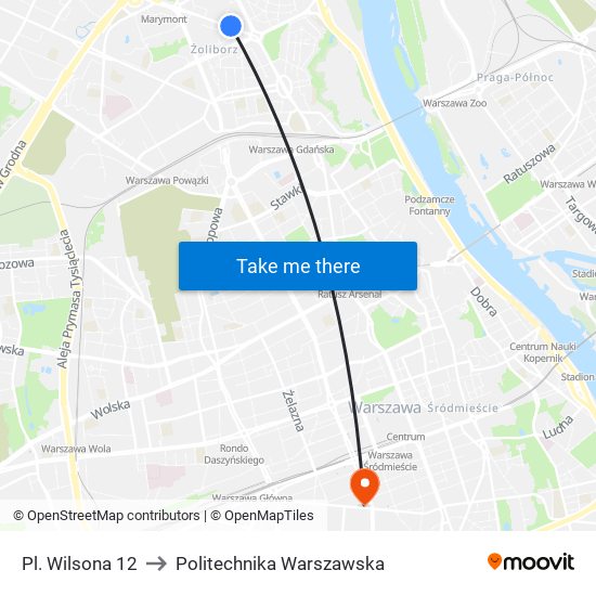 Pl. Wilsona 12 to Politechnika Warszawska map