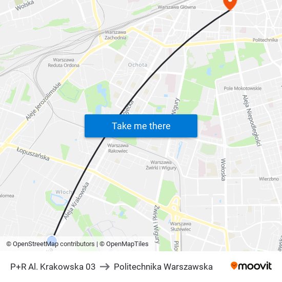 P+R Al. Krakowska to Politechnika Warszawska map