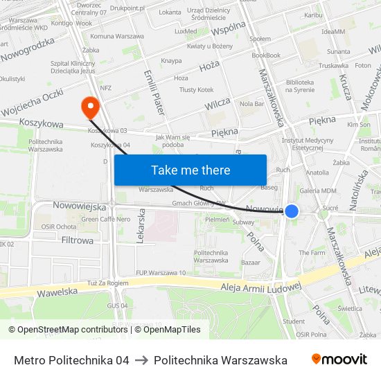 Metro Politechnika to Politechnika Warszawska map