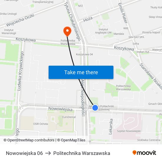 Nowowiejska to Politechnika Warszawska map