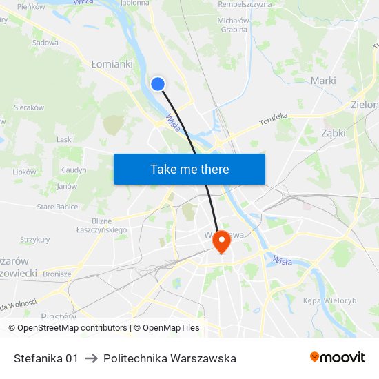 Stefanika to Politechnika Warszawska map