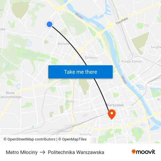 Metro Młociny to Politechnika Warszawska map