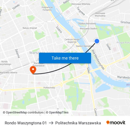 Rondo Waszyngtona 01 to Politechnika Warszawska map