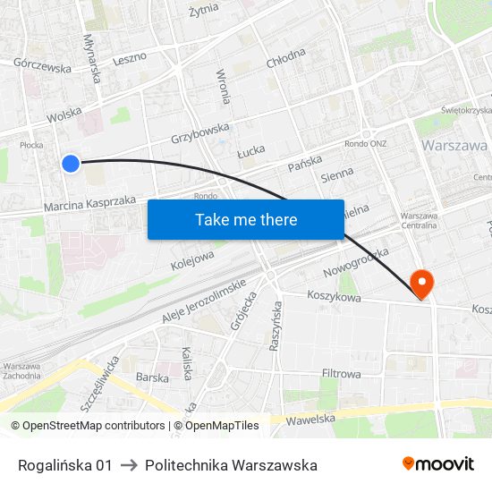 Rogalińska 01 to Politechnika Warszawska map