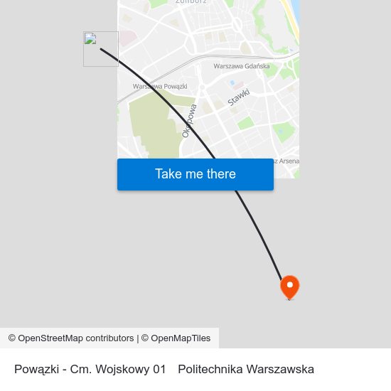 Powązki - Cm. Wojskowy 01 to Politechnika Warszawska map