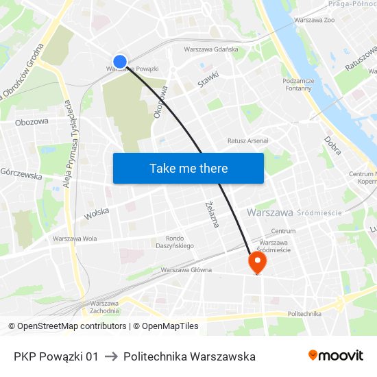 PKP Powązki 01 to Politechnika Warszawska map