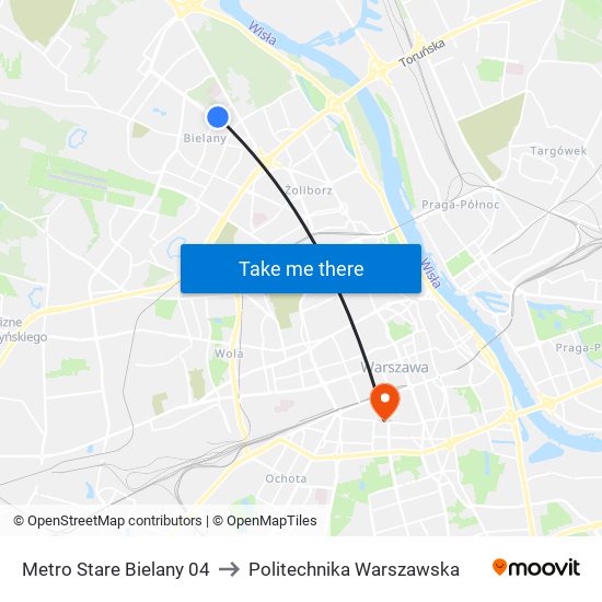 Metro Stare Bielany 04 to Politechnika Warszawska map