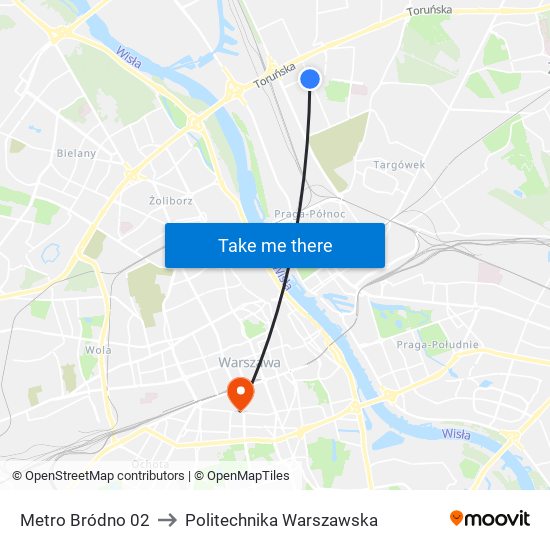 Metro Bródno to Politechnika Warszawska map