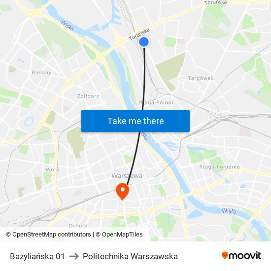 Bazyliańska to Politechnika Warszawska map