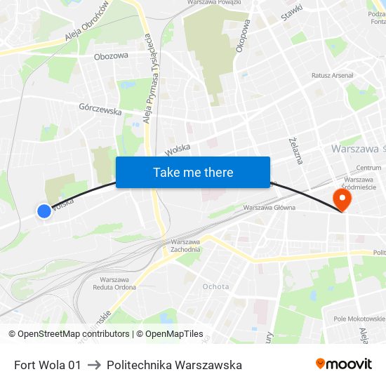 Fort Wola 01 to Politechnika Warszawska map