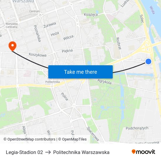 Legia-Stadion to Politechnika Warszawska map