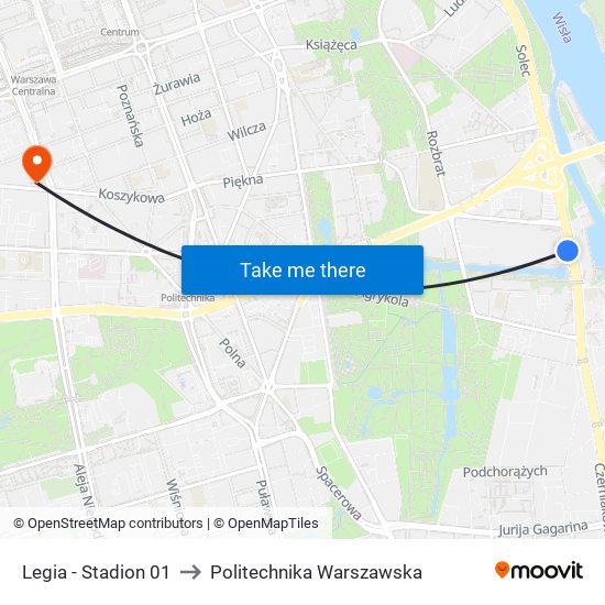 Legia - Stadion 01 to Politechnika Warszawska map