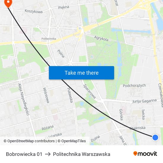 Bobrowiecka to Politechnika Warszawska map