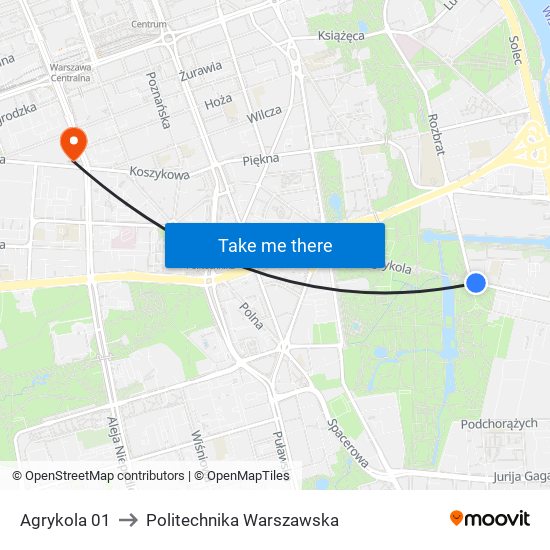 Agrykola 01 to Politechnika Warszawska map