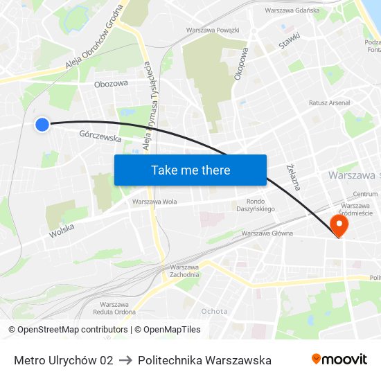 Metro Ulrychów 02 to Politechnika Warszawska map