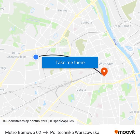 Metro Bemowo to Politechnika Warszawska map