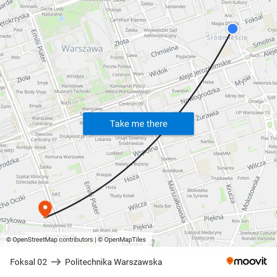 Foksal to Politechnika Warszawska map