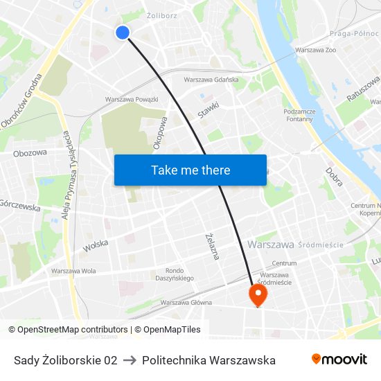 Sady Żoliborskie to Politechnika Warszawska map