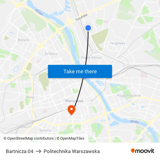 Bartnicza 04 to Politechnika Warszawska map