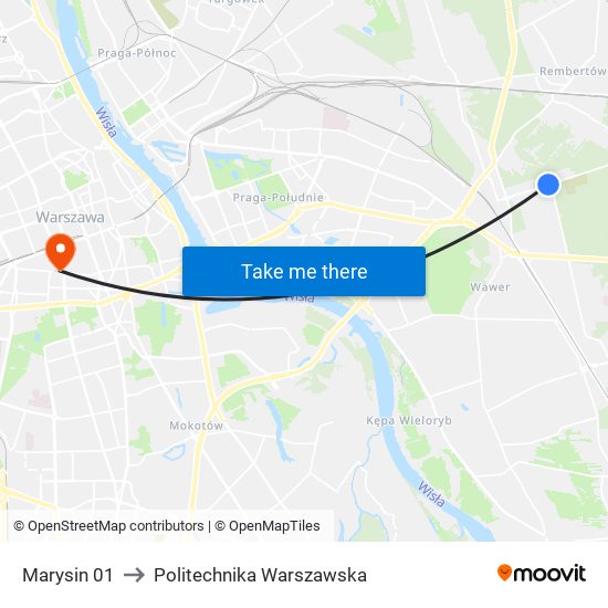 Marysin 01 to Politechnika Warszawska map
